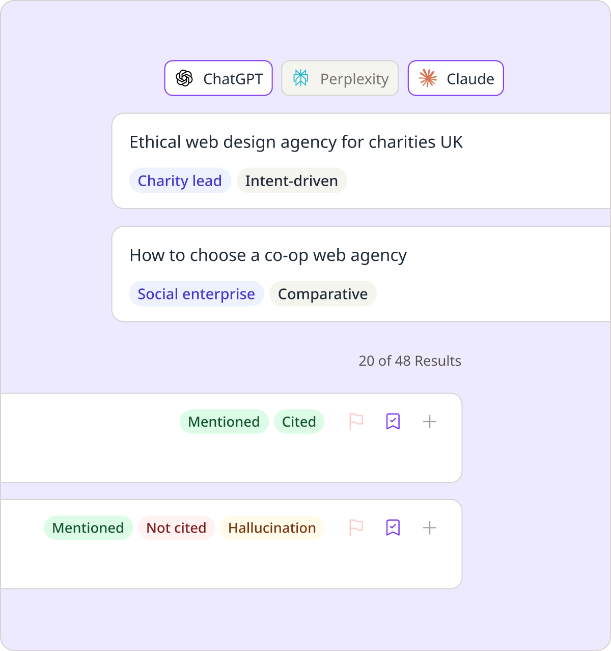 An answer from an AI tool with the mentions of the organisation, the sources it cited and the peers named alongside it picked out.